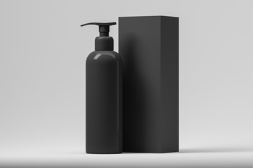 Black cosmetic dispenser for cream, gel, lotion with a cardboard box in a bright studio. Mock up. 3d rendering