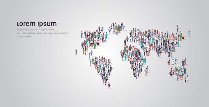 people crowd gathering in world map icon shape social media community travel concept different occupation employees group standing together full length horizontal copy space