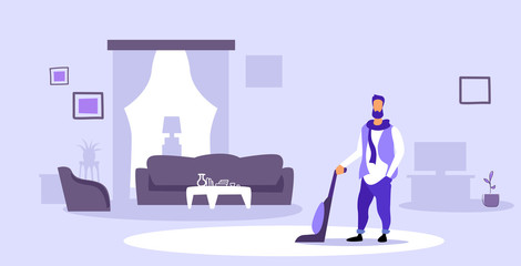 man using vacuum cleaner guy doing housework floor care concept modern living room interior sketch full length horizontal