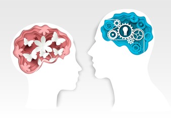 Head silhouettes with gears and flowers, vector paper cut illustration