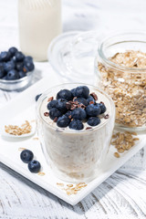 bircher muesli with fresh blueberries in a glass