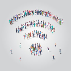 people crowd gathering in shape of wifi icon social media community wireless internet connection concept different occupation employees group standing together full length
