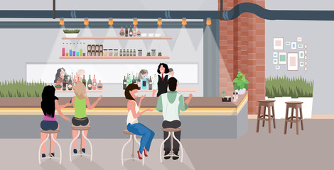 people sitting at bar counter desk men women visitors drinking and talking friends spending time together modern cafe interior flat horizontal full length