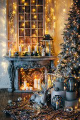 Fototapeta na wymiar warm cozy evening in Christmas room interior design,Xmas tree decorated by lights gifts,toys, deer,candles, lanterns, garland lighting indoors fireplace.holiday.magic New year