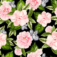 Beautiful watercolor seamless pattern with flowers of rose and peony, butterflies.