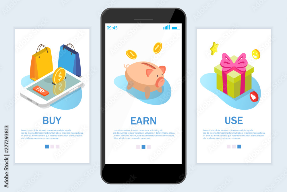 Poster earn rewards website and mobile app onboarding screens vector template
