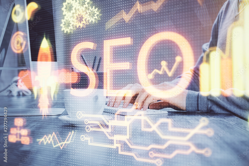 Poster multi exposure of seo icon with man working on computer on background. concept of search engine opti