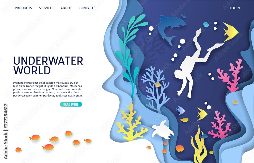 Poster underwater world vector website landing page design template