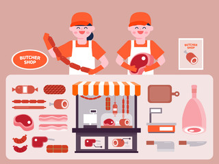Butcher shop interior vector Illustration. Butcher flat icons set.
