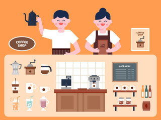 Cafe interior vector Illustration. Cafe menu flat icons set.