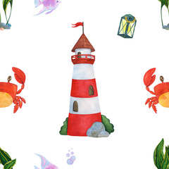 Watercolor seamless pattern with lighthouse crab and seaweed.