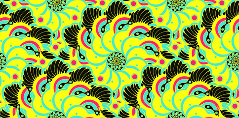 asian style floral seamless pattern scales flowers pop yellow