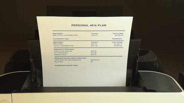 Tax reporting and retirement plan. Printer prints personal plan 401k form