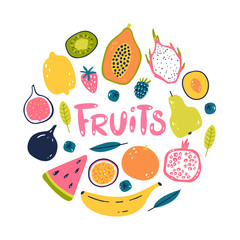 Hand drawn tropical and exotic fruits isolated on white background. Vector illustration for menu design, poster, packaging, labels, t shirt