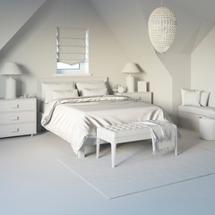 3d illustration. Сozy bedroom in the attic in white computer stuff