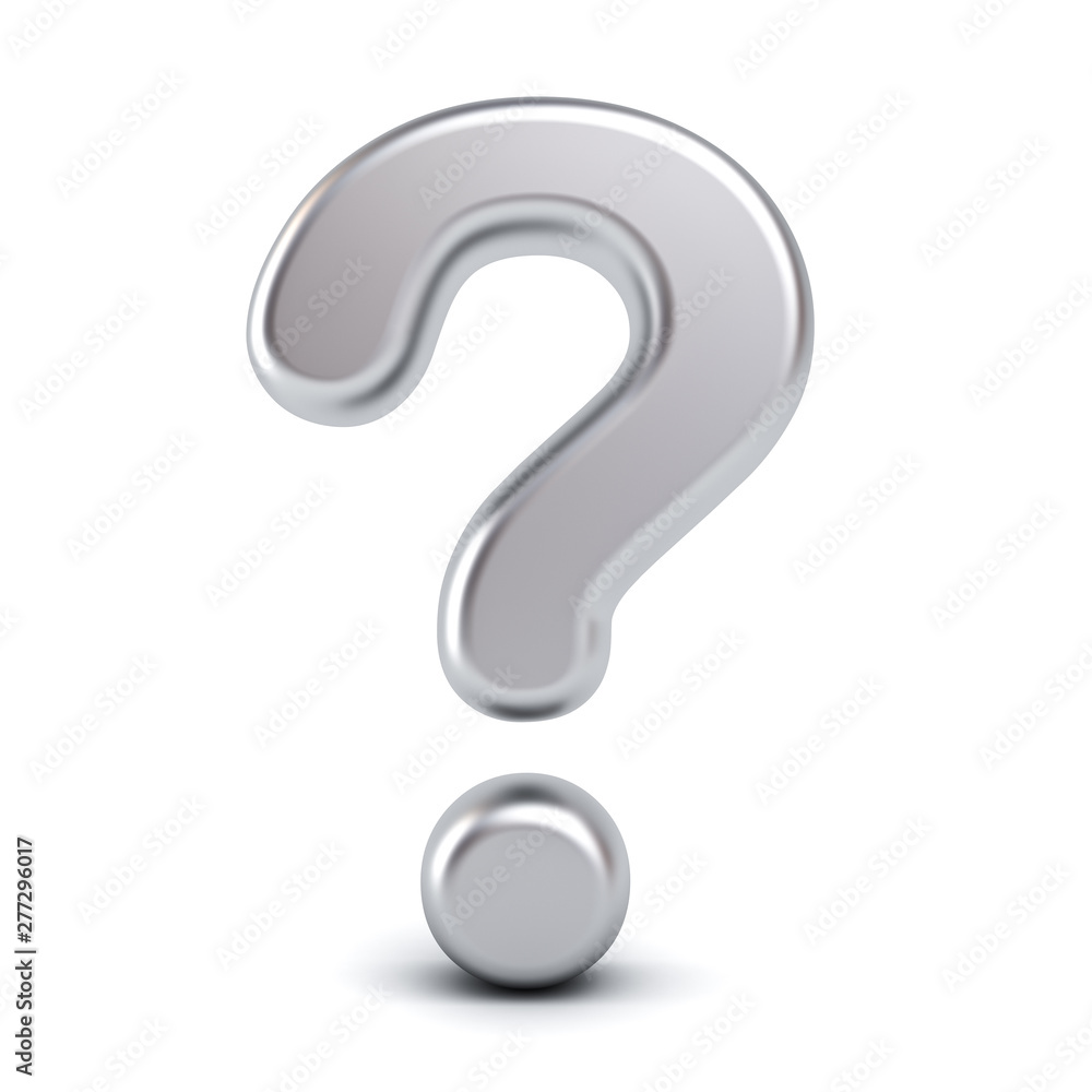Poster metallic chrome question mark isolated on white background with shadow front view 3d rendering
