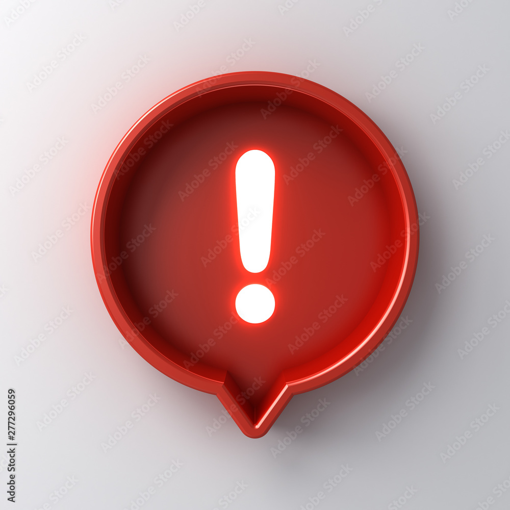 Poster 3d social media notification neon light Exclamation mark icon in red round box pin isolated on white background with shadow 3D rendering