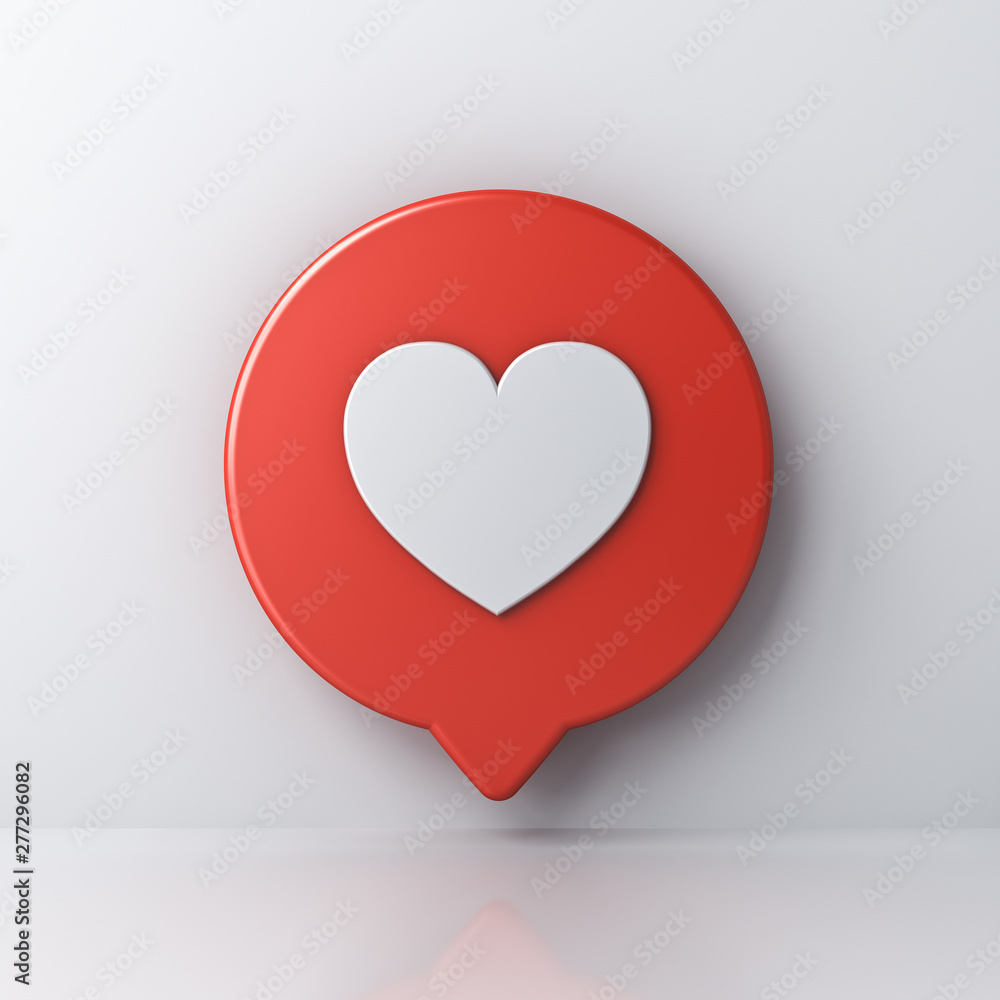 Poster 3d social media notification love like heart icon in red round speech bubble pin isolated on white wall background with shadow and reflection 3D rendering
