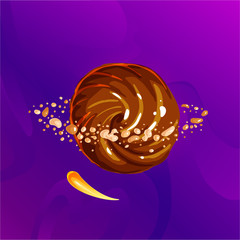 Space fantasy planet, asteroid, moon, fantastic world game vector cartoon icon, illustration chocolate style. Chocolate candy planet with asteroid belt around in nuts pieces. Color asteroid and planet