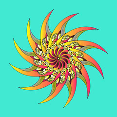 curved blades mandala rotating symbol yellow red shades on blue