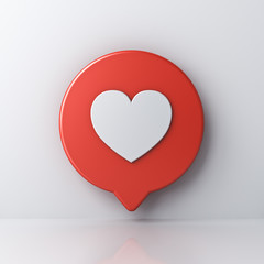 3d social media notification love like heart icon in red round speech bubble pin isolated on white wall background with shadow and reflection 3D rendering