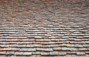 Texture of terracota tiles. Old weathered tile roof background