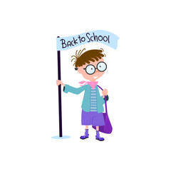 Schoolboy with a backpack cartoon flat style character, back to school