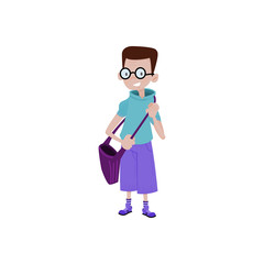 Schoolboy with a backpack cartoon flat style character, back to school