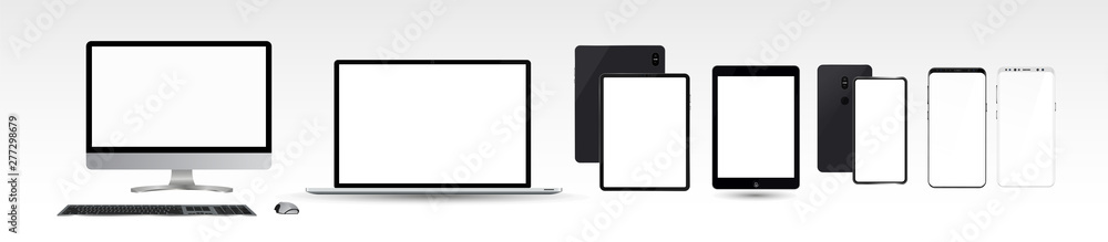 Poster electronic realistic gadgets set of monitor pc, laptop, tablets, smartphones. set mock-up of realist