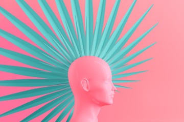 Abstract color pastel background with female profile and stylized defiant fashionable Mohawk hairstyle painted in pink and blue 3D illustration
