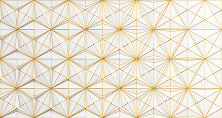 Abstract light geometric background from many triangles of different shapes and of different sizes with a gold plesetsky faces 3D illustration