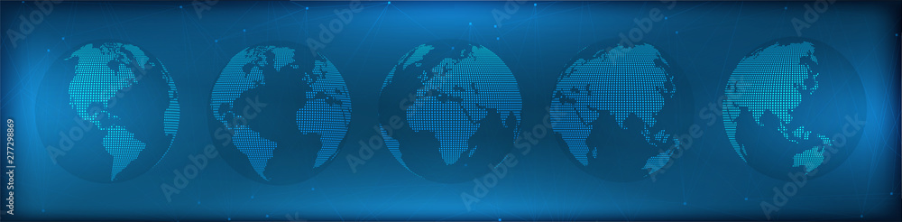 Aufkleber Futuristic set of transparent globes of Earth. Realistic world map in globe shape with polygonal lines and dark background. Concept hologram earth globe. Vector set