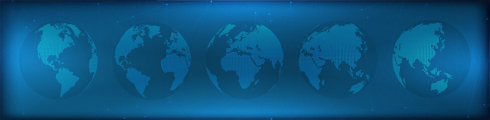 Futuristic set of transparent globes of Earth. Realistic world map in globe shape with polygonal lines and dark background. Concept hologram earth globe. Vector set