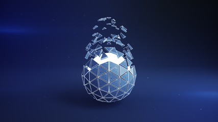 Blue icosahedron ball shape and flying polygons 3D rendering