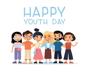 Happy Youth Day. Six international young  girls and boys friends hugging. Funny cartoon character. Vector illustration. Isolated on white background.