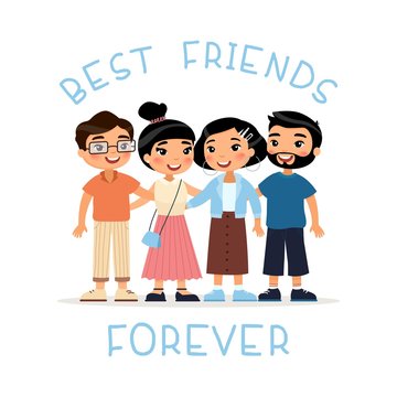 Best friends forever. Four asian young women and young men friends hugging. Funny cartoon character. Vector illustration. Isolated on white background.