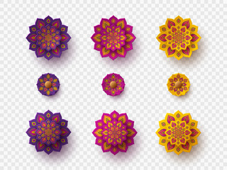 Set of rangoli for Diwali festival. Decorative 3d paper cut elements for holiday Deepawali design. Isolated on transparent, vector. - obrazy, fototapety, plakaty