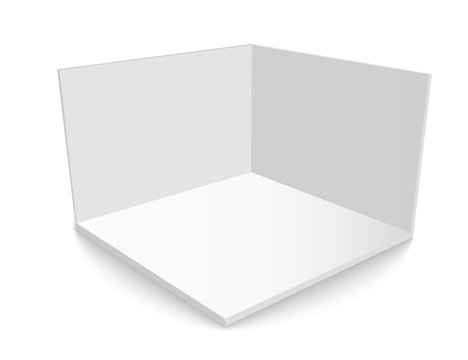 3D exhibition booth. Square corner. Vector white empty geometric square. Blank box template