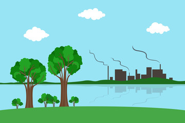 Factory on lakeside. Atmospheric pollution. Vector illustration.