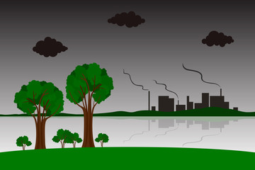 Plant on lakeside. Air pollution. Toxic emissions. Vector illustration.