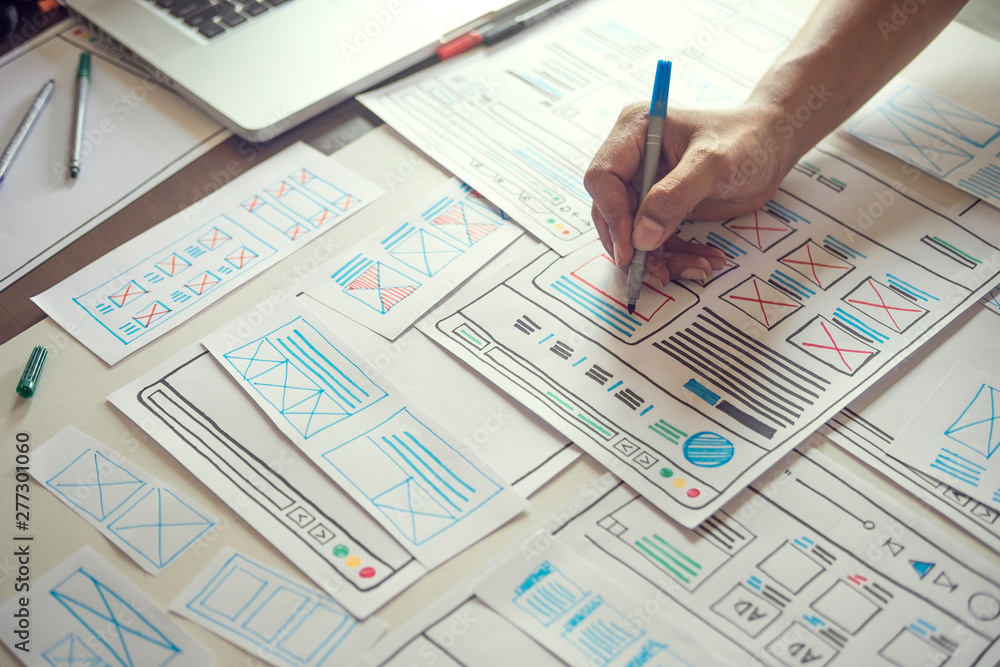 Poster Website designer Creative planning application developer development draft sketch drawing template layout prototype framework wireframe design studio . User experience concept .