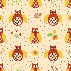 Raamstickers Owl hand drawn seamless pattern Autumn background Red yellow colors Floral elements vector © Tani Kuzminka