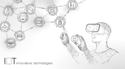 Internet of things modern operation by vr glasses innovation technology concept. Wireless communication augmented reality network IOT ICT. Home intelligent system automation vector illustration