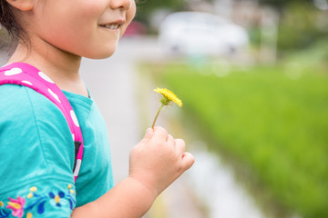 たんぽぽを持って嬉しそうにする女の子　dandelion