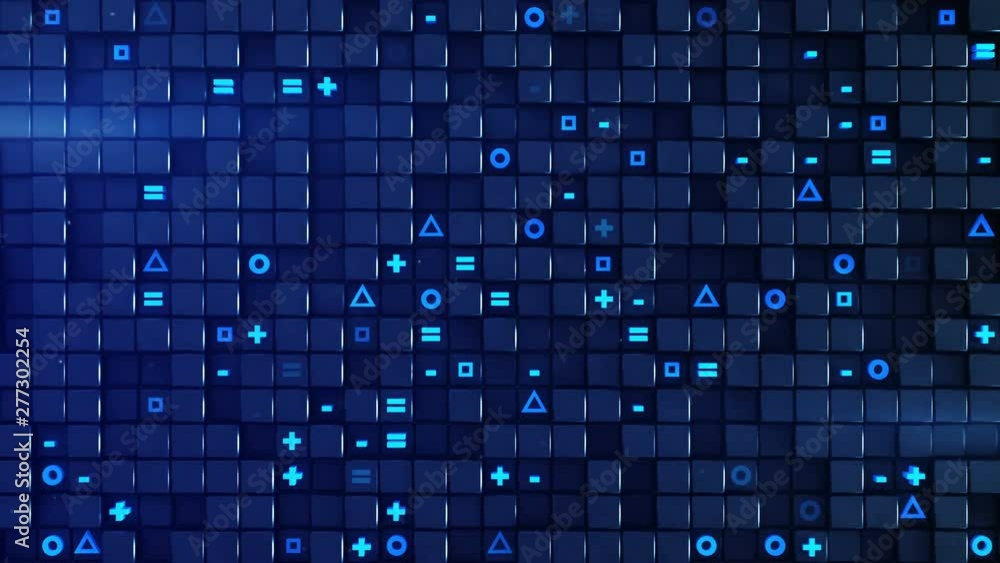 Poster wall of blue cubes and random symbols. abstract modern technology or science fiction concept. 3d ren