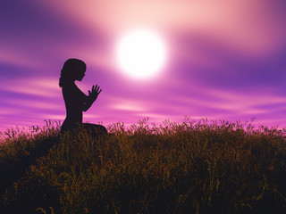 3D female in yoga pose against sunset landscape