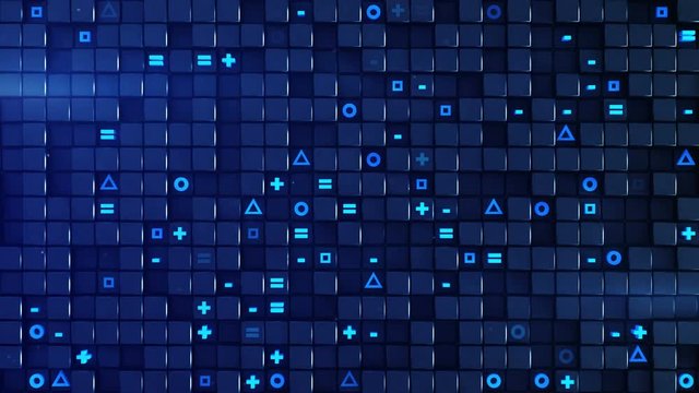 Wall of blue cubes and random symbols. Abstract modern technology or science fiction concept. 3D render seamless loop smooth animation 4k UHD (3840x2160)