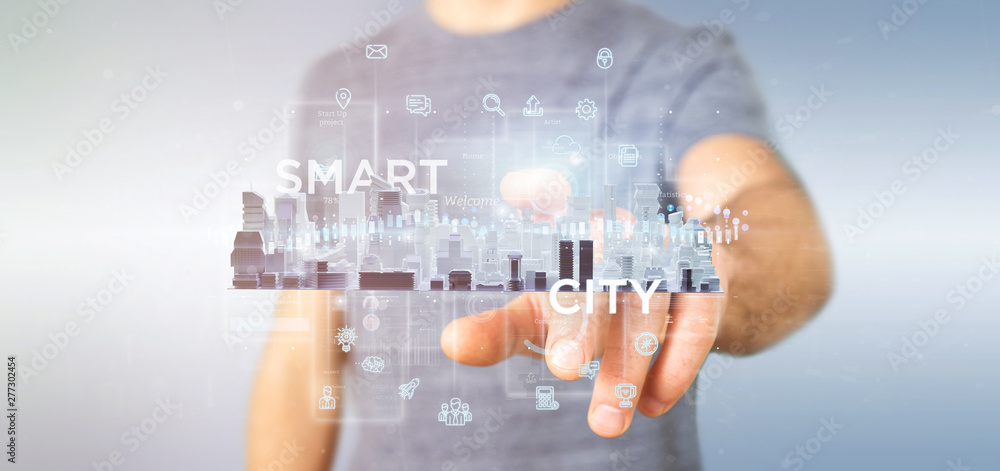 Aufkleber businessman holding smart city user interface with icon, stats and data 3d rendering