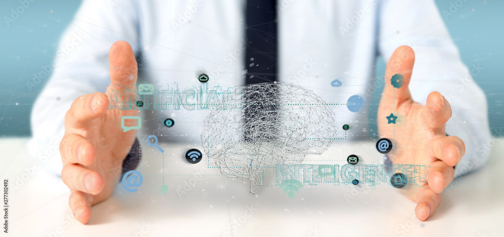 Poster businessman holding a 3d rendering artificial intelligence concept with a brain and app