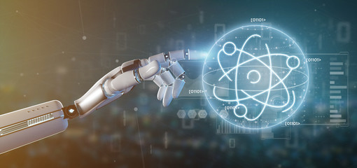 Cyborg holding an atom icon surrounded by data